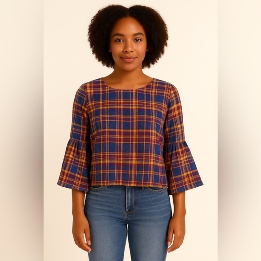 English Factory Women's Navy Yellow Plaid Bell Sleeve Top NWT S/M #1458